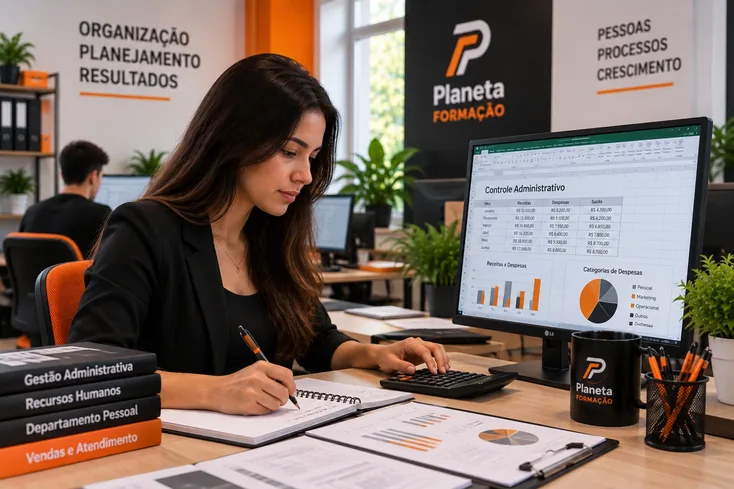 Aluna em aula de rotina administrativa, com planilha na tela